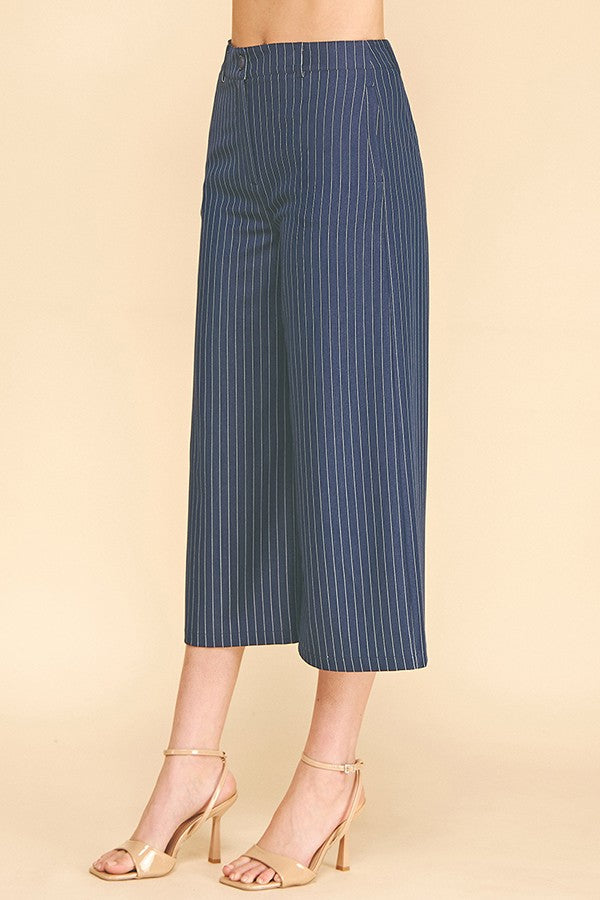 Pinstriped Faux Denim Wide Leg Cropped Trousers