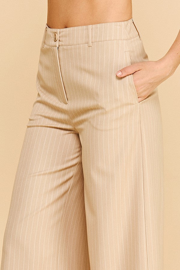 Pinstriped Faux Denim Wide Leg Cropped Trousers