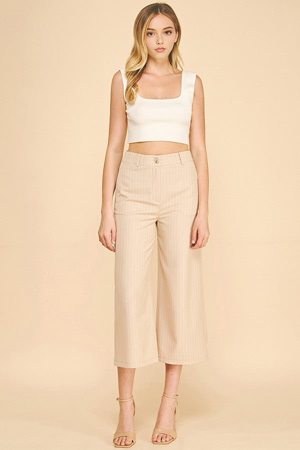 Pinstriped Faux Denim Wide Leg Cropped Trousers