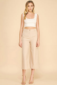 Pinstriped Faux Denim Wide Leg Cropped Trousers