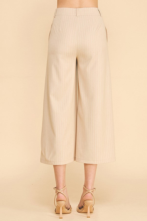Pinstriped Faux Denim Wide Leg Cropped Trousers