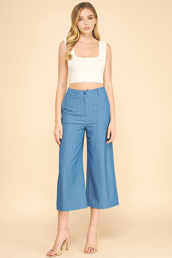 Pinstriped Faux Denim Wide Leg Cropped Trousers