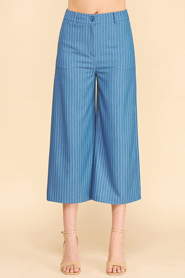 Pinstriped Faux Denim Wide Leg Cropped Trousers