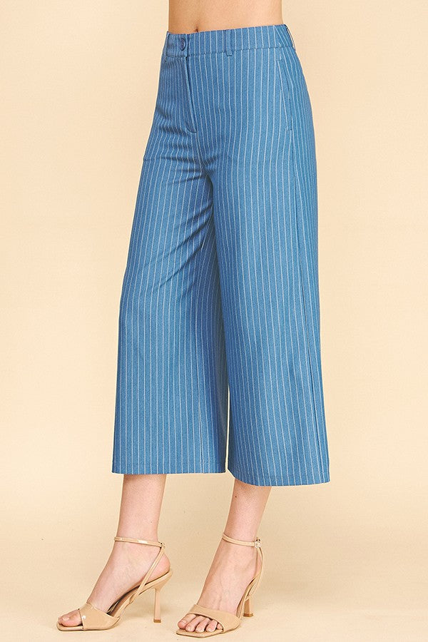Pinstriped Faux Denim Wide Leg Cropped Trousers