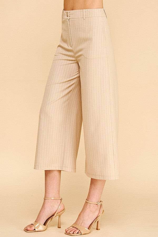 Pinstriped Faux Denim Wide Leg Cropped Trousers