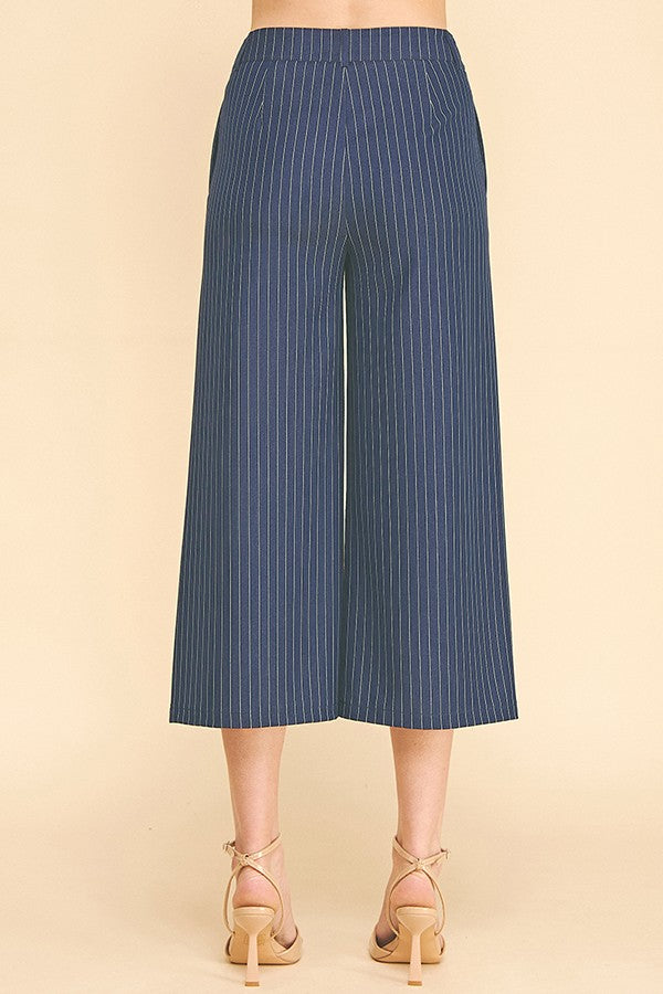 Pinstriped Faux Denim Wide Leg Cropped Trousers