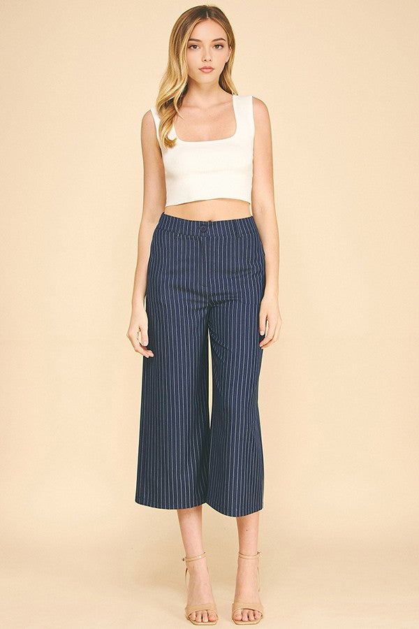 Pinstriped Faux Denim Wide Leg Cropped Trousers