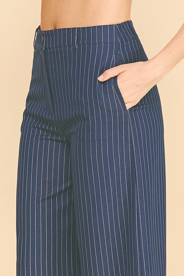 Pinstriped Faux Denim Wide Leg Cropped Trousers