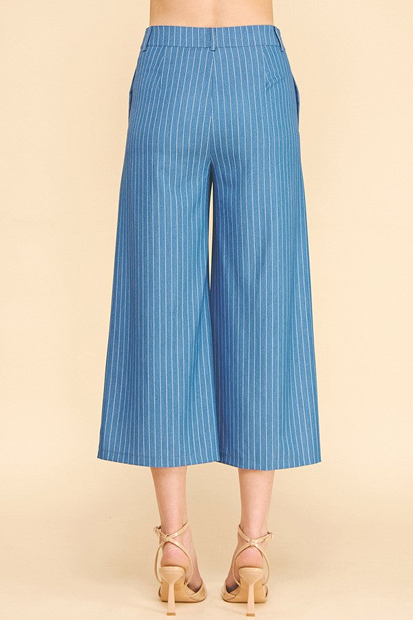 Pinstriped Faux Denim Wide Leg Cropped Trousers