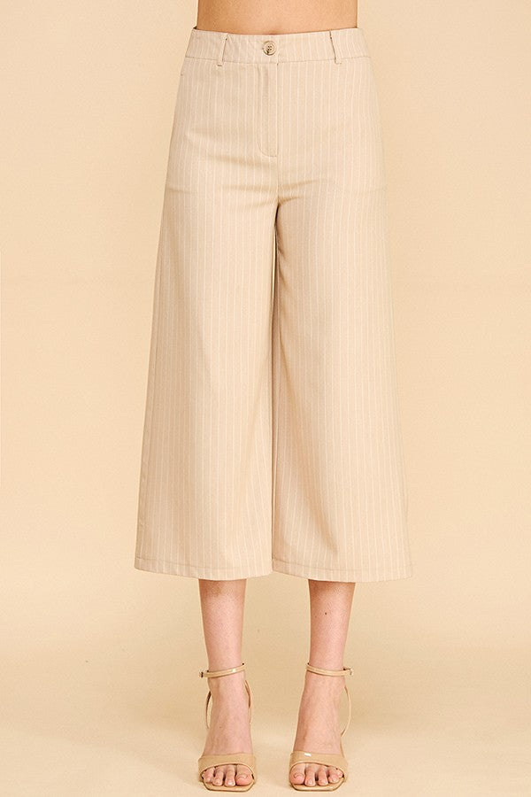 Pinstriped Faux Denim Wide Leg Cropped Trousers