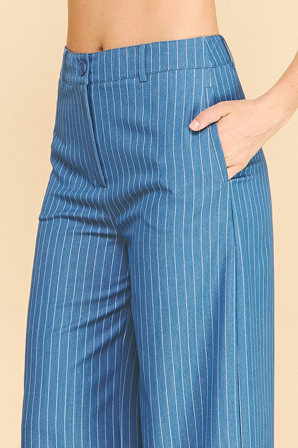 Pinstriped Faux Denim Wide Leg Cropped Trousers
