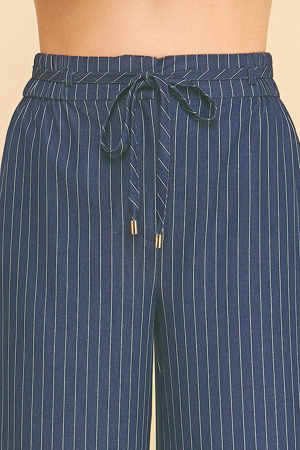 Pinstriped Faux Denim Front Tie Stretch Waist Bermuda Shorts