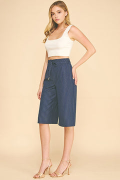Pinstriped Faux Denim Front Tie Stretch Waist Bermuda Shorts