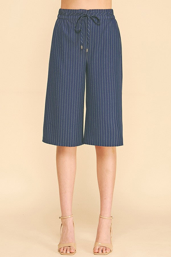 Pinstriped Faux Denim Front Tie Stretch Waist Bermuda Shorts