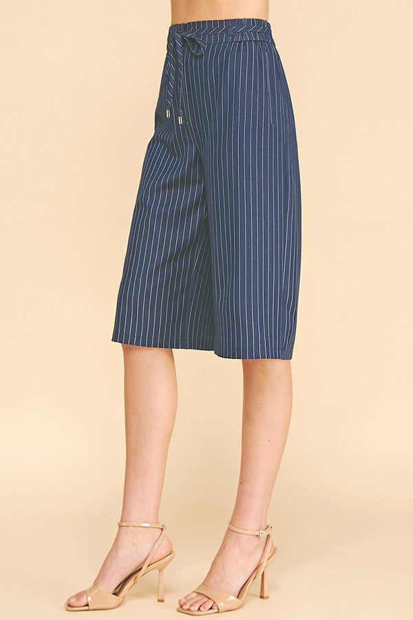 Pinstriped Faux Denim Front Tie Stretch Waist Bermuda Shorts