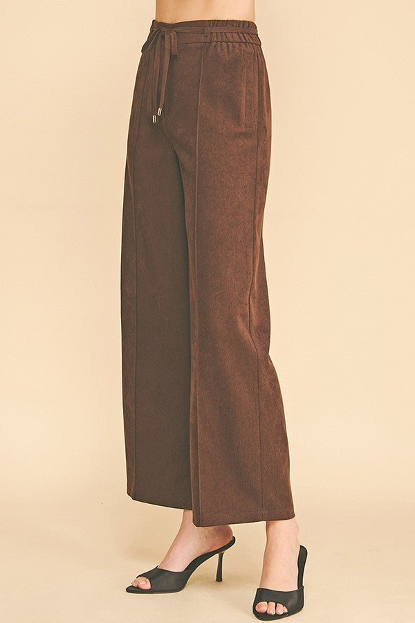 Brushed Twill French Seam Front Tie Wide Leg Trousers