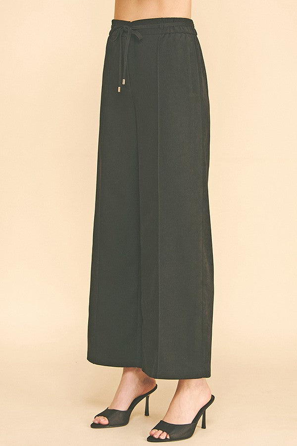 Brushed Twill French Seam Front Tie Wide Leg Trousers