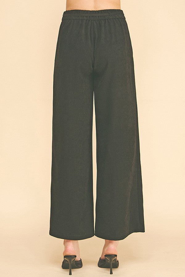 Brushed Twill French Seam Front Tie Wide Leg Trousers