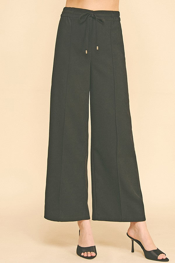 Brushed Twill French Seam Front Tie Wide Leg Trousers