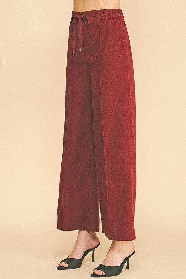 Brushed Twill French Seam Front Tie Wide Leg Trousers