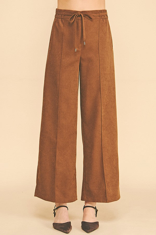 Brushed Twill French Seam Front Tie Wide Leg Trousers