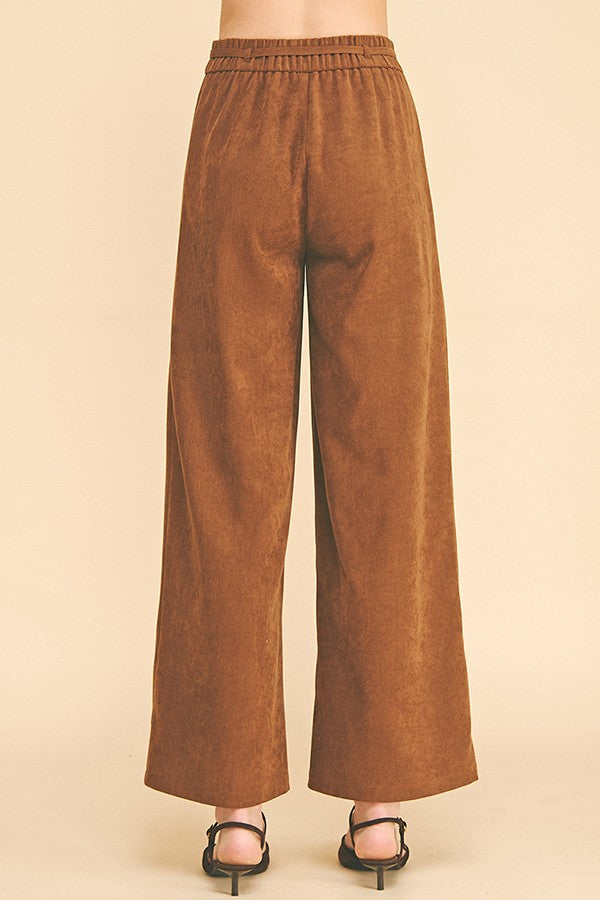 Brushed Twill French Seam Front Tie Wide Leg Trousers