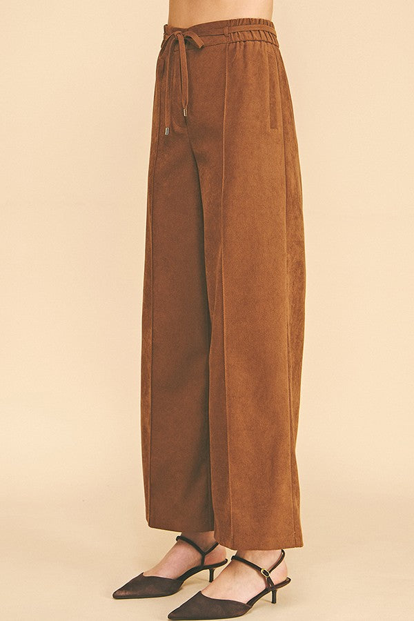 Brushed Twill French Seam Front Tie Wide Leg Trousers