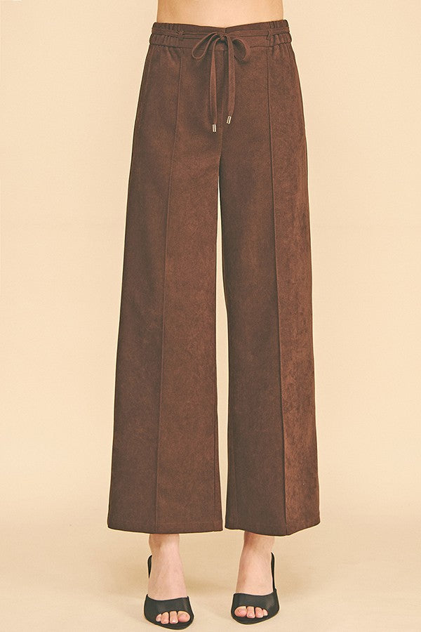 Brushed Twill French Seam Front Tie Wide Leg Trousers