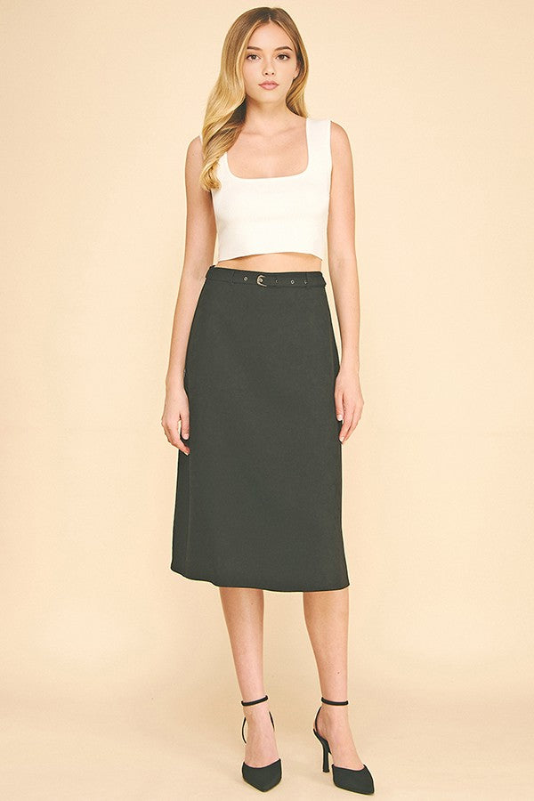 Brushed Twill Belted Midi Skirt