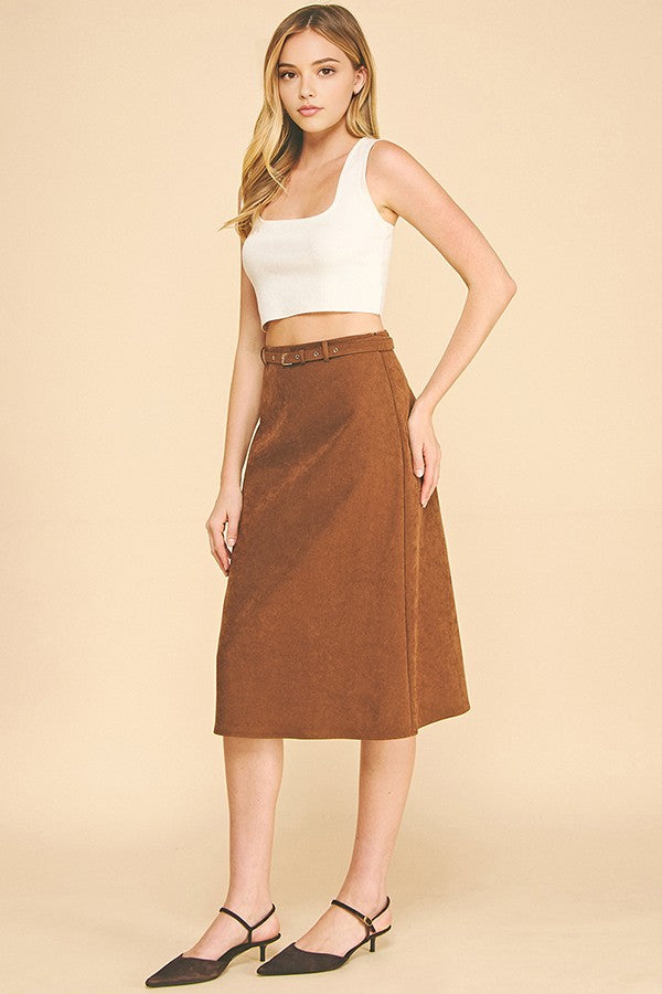 Brushed Twill Belted Midi Skirt