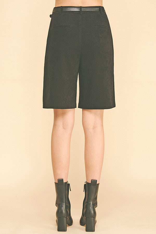 Brushed Twill Pleather Belted Bermuda Shorts