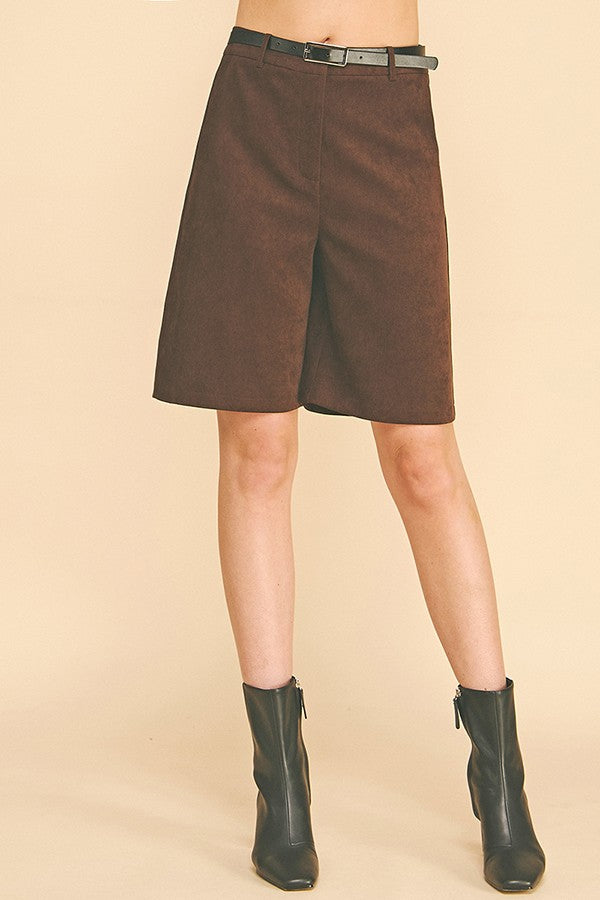 Brushed Twill Pleather Belted Bermuda Shorts
