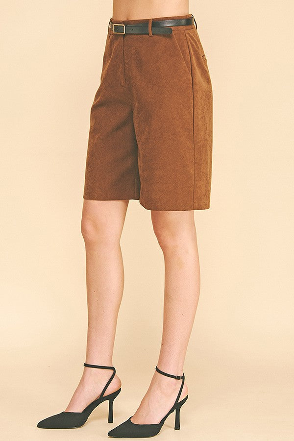 Brushed Twill Pleather Belted Bermuda Shorts