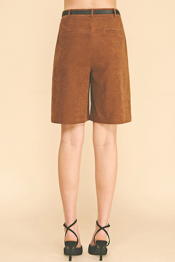 Brushed Twill Pleather Belted Bermuda Shorts