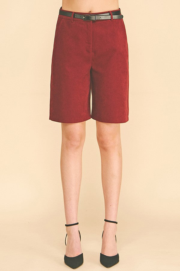Brushed Twill Pleather Belted Bermuda Shorts
