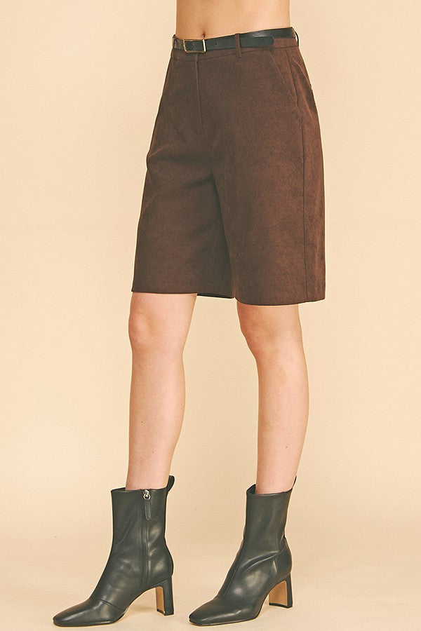 Brushed Twill Pleather Belted Bermuda Shorts