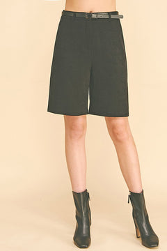 Brushed Twill Pleather Belted Bermuda Shorts