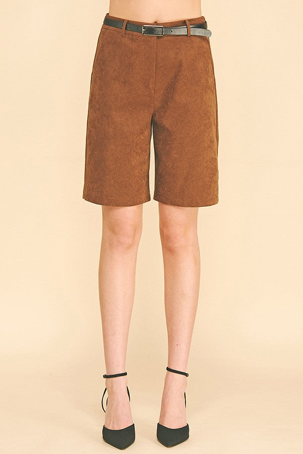 Brushed Twill Pleather Belted Bermuda Shorts