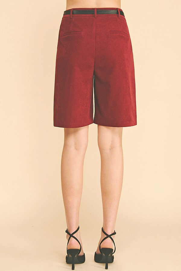 Brushed Twill Pleather Belted Bermuda Shorts