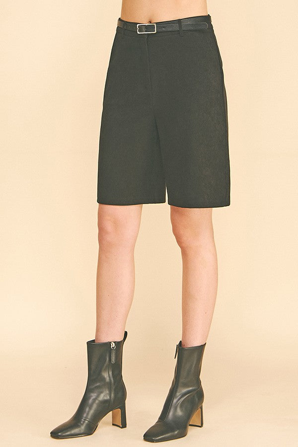Brushed Twill Pleather Belted Bermuda Shorts
