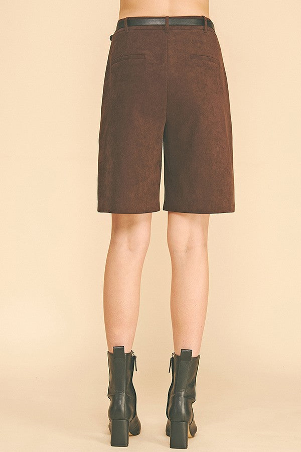 Brushed Twill Pleather Belted Bermuda Shorts