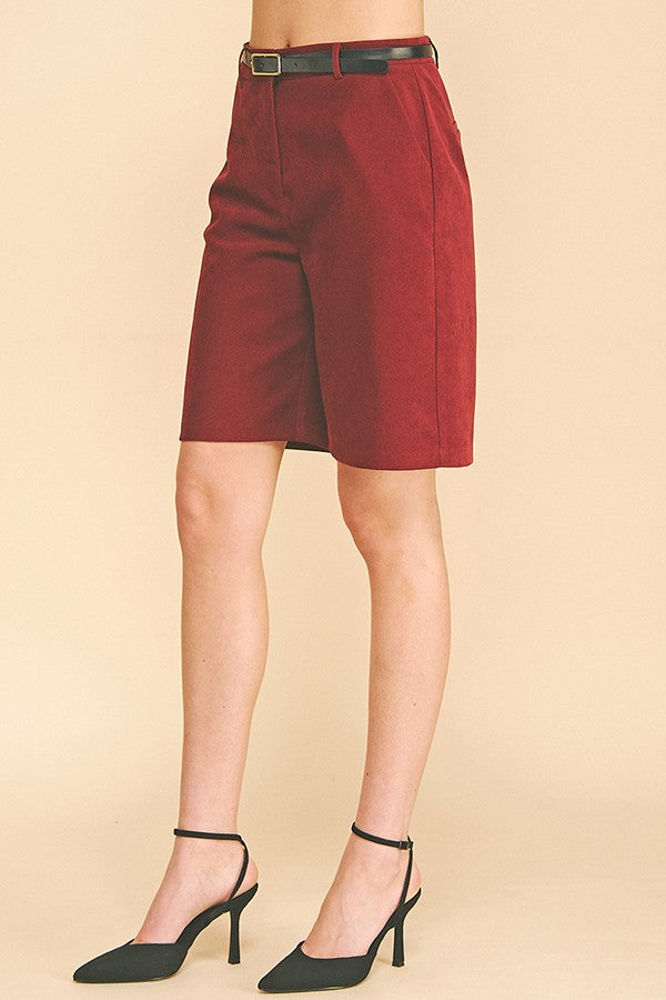 Brushed Twill Pleather Belted Bermuda Shorts
