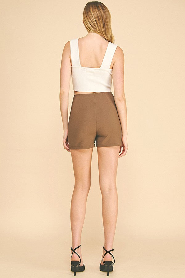 Twill Multi Darted High Rise Waist Shorts