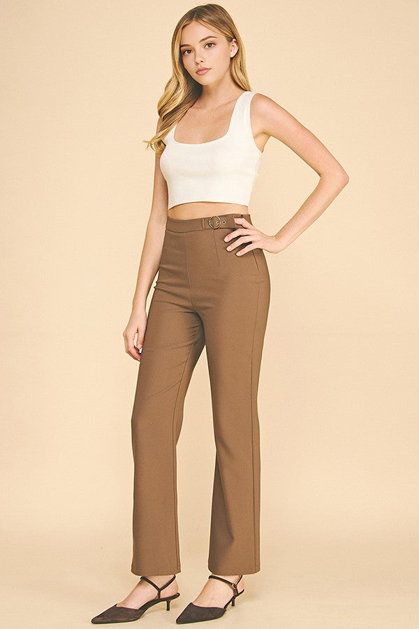 Twill Flared Ring Belt Trim Waist Trousers Pants