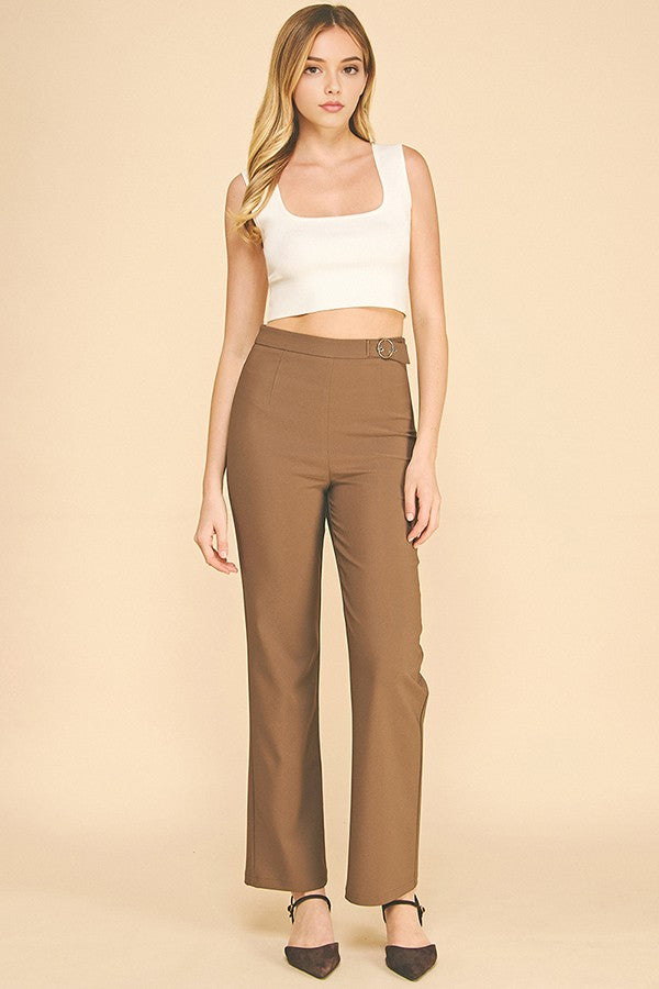 Twill Flared Ring Belt Trim Waist Trousers Pants