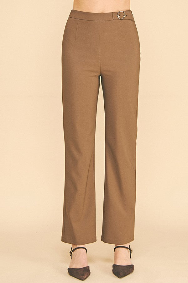 Twill Flared Ring Belt Trim Waist Trousers Pants