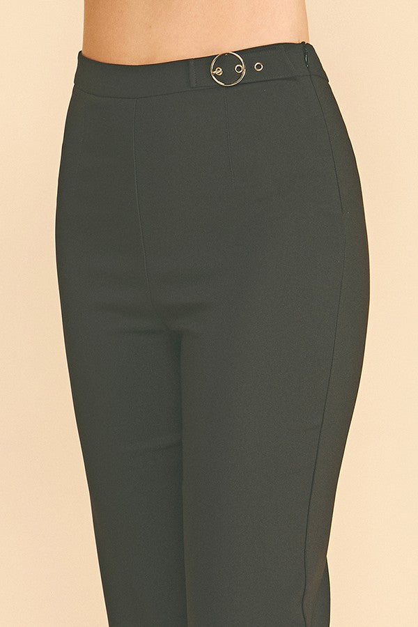 Twill Flared Ring Belt Trim Waist Trousers Pants