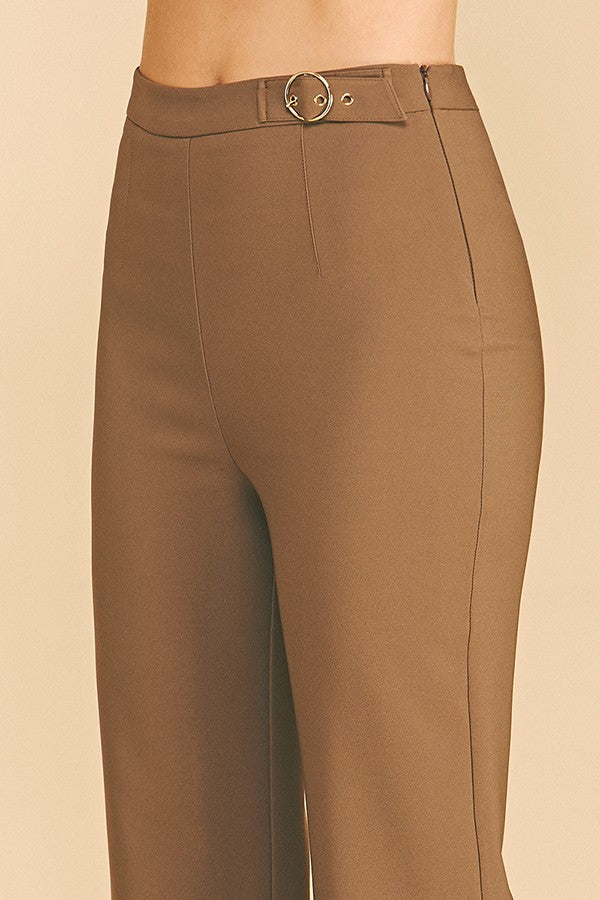Twill Flared Ring Belt Trim Waist Trousers Pants