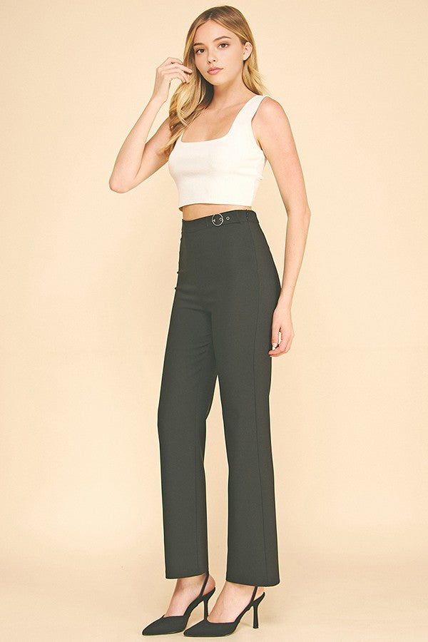Twill Flared Ring Belt Trim Waist Trousers Pants