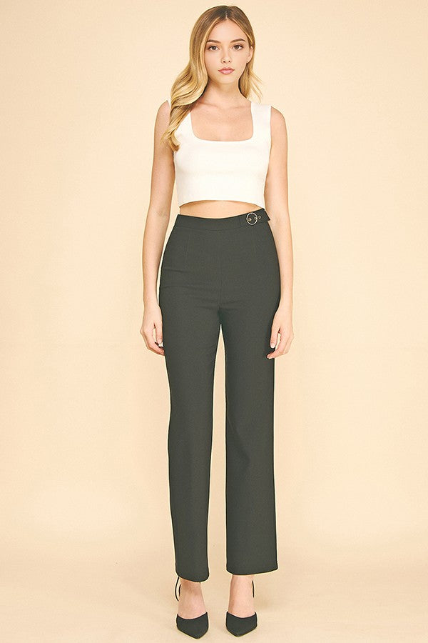 Twill Flared Ring Belt Trim Waist Trousers Pants